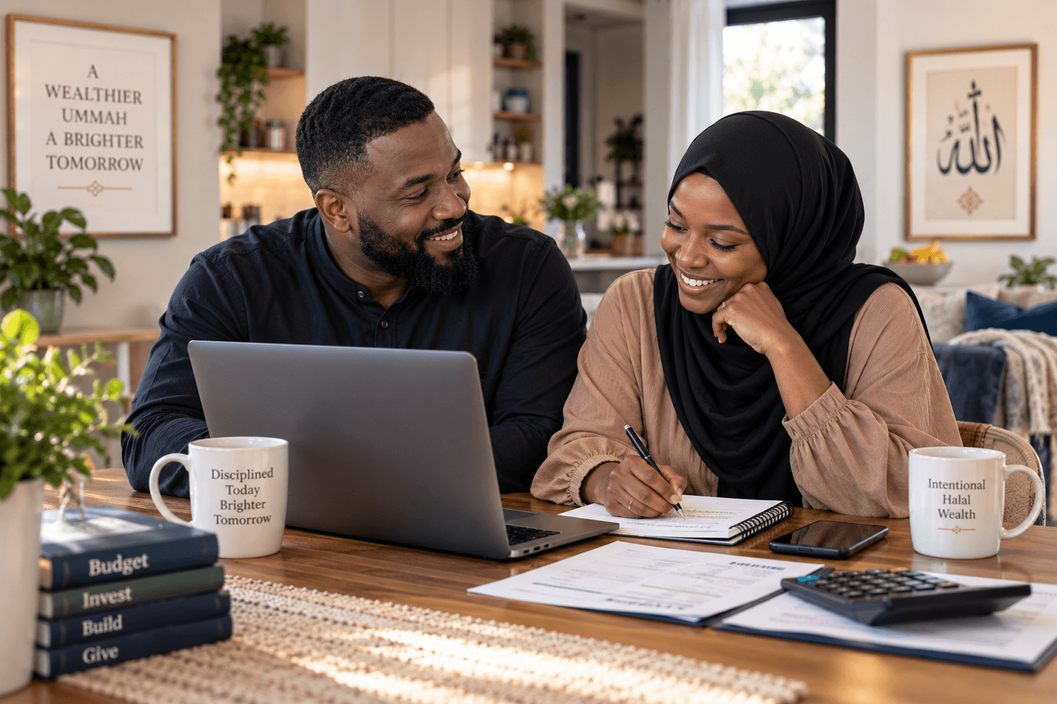 Muslim couple discussing their finances together at a table