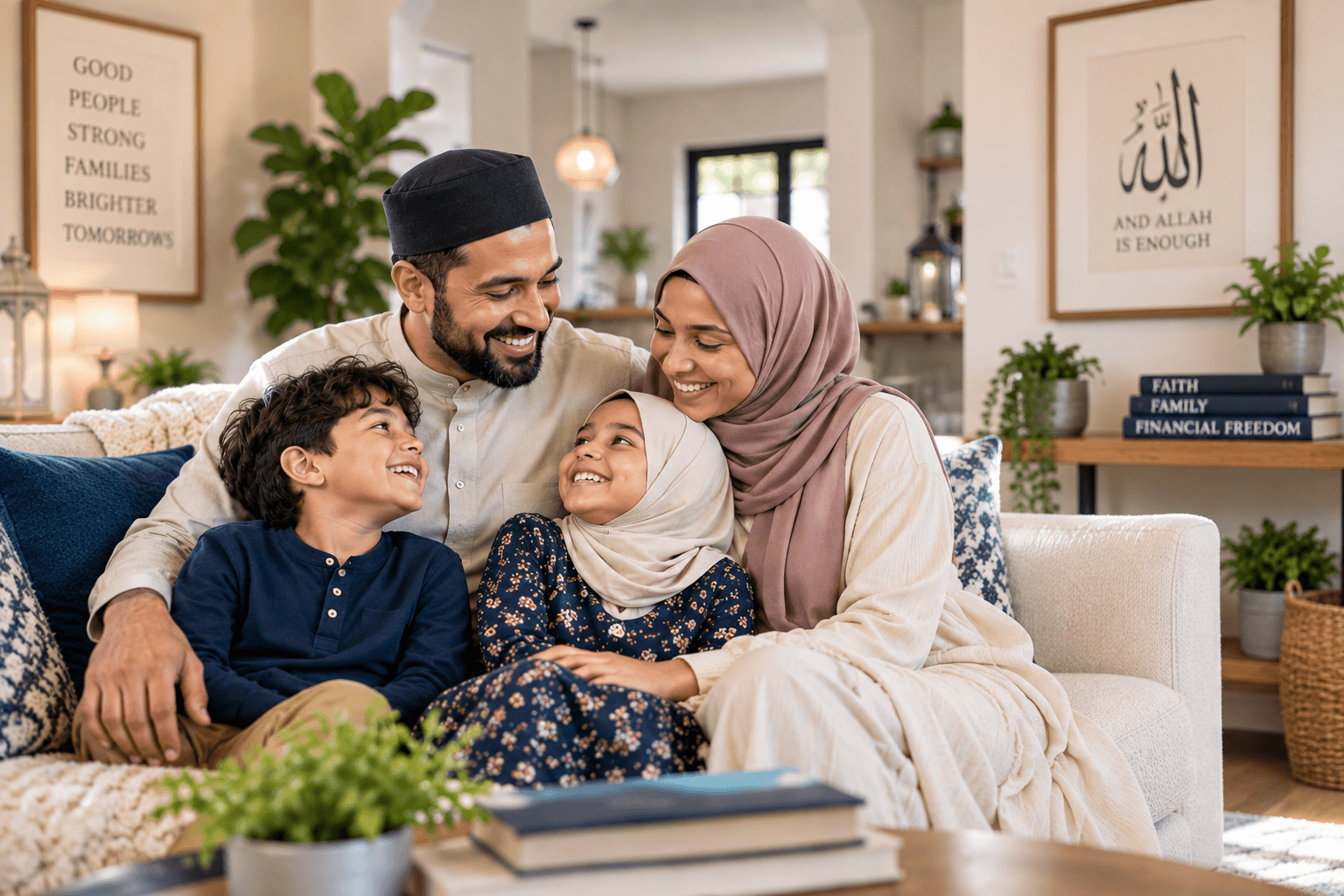 Muslim family smiling together at home